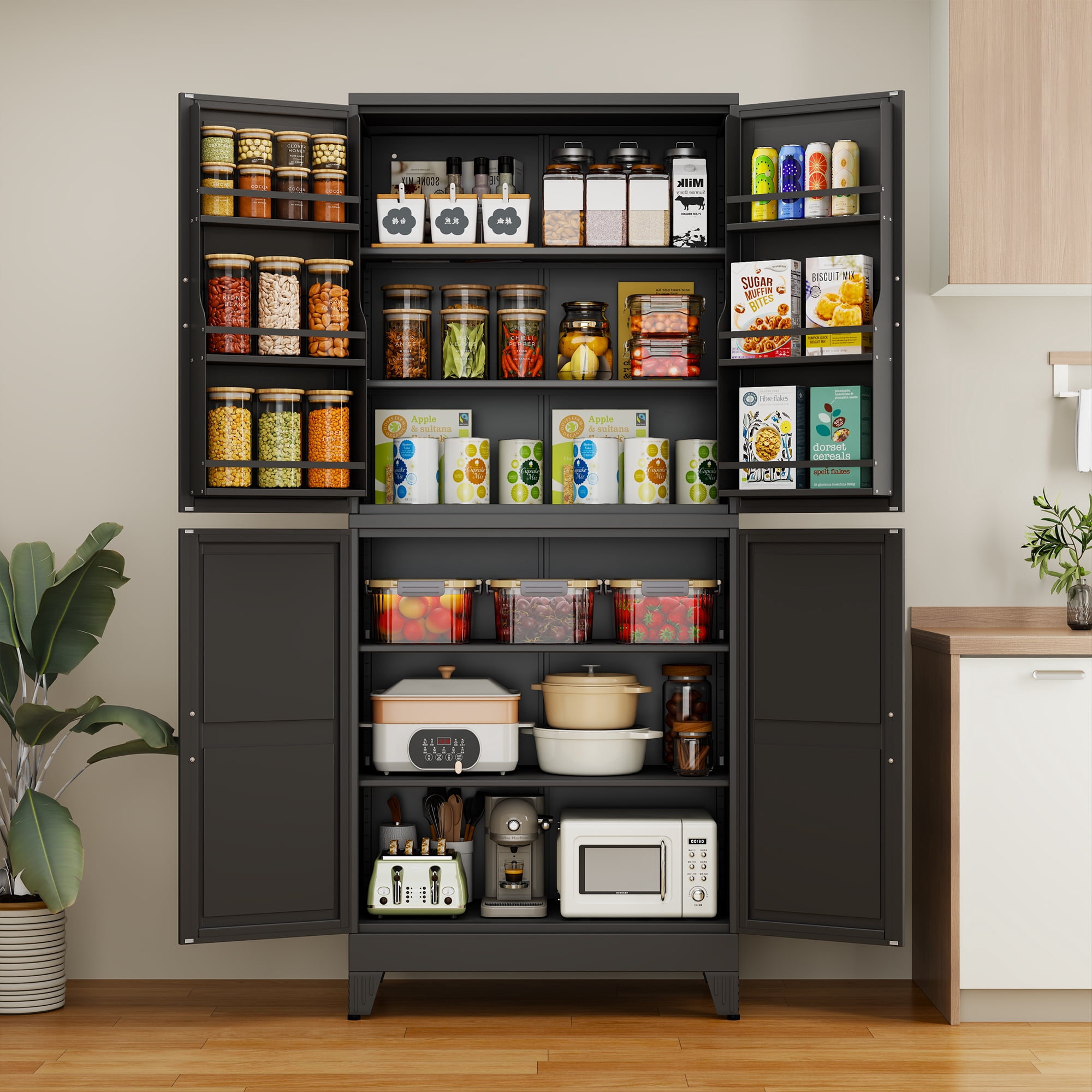 Ero Tall Steel Pantry Cabinet with 4 Doors and Adjustable Shelves for Kitchen Storage Black