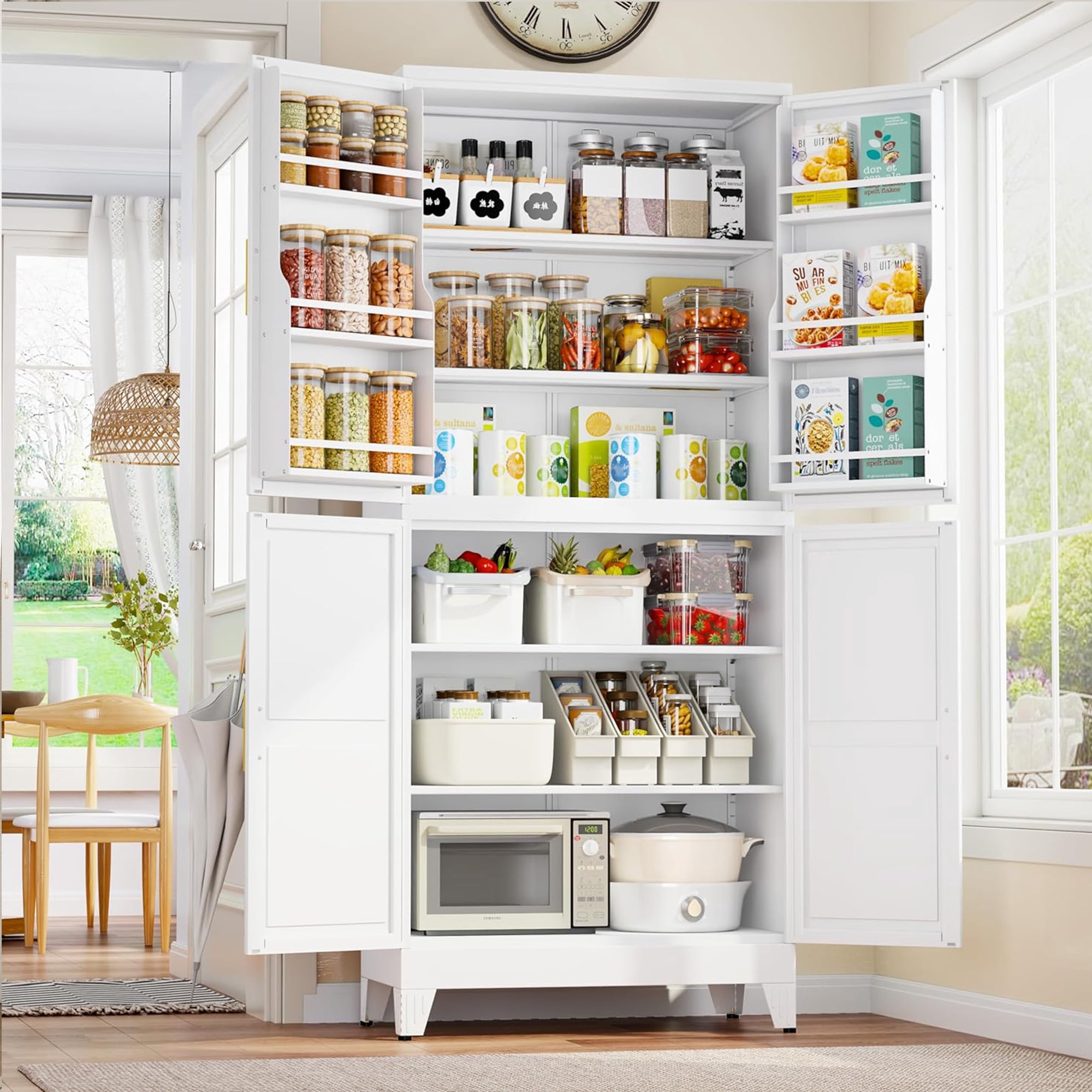 Ero Tall Steel Pantry Cabinet with 4 Doors and Adjustable Shelves for Kitchen Storage White