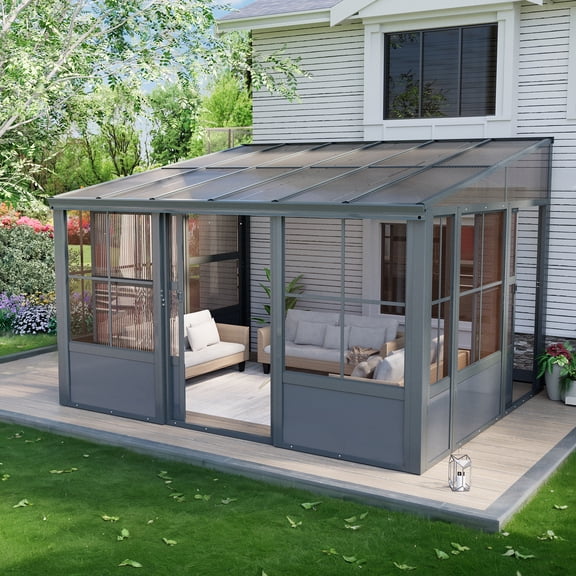 Erommy 10' x 12' Wall Mounted Gazebo Sunroom, Solarium with Aluminum Frame, Polycarbonate Roof, Permanent Sun Room with Lockable Sliding Doors, Lean to pergola for Garden, Gray