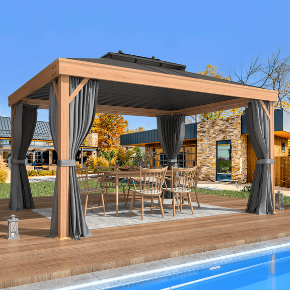 Erommy 10' x 13' Hardtop Gazebo, Double-Roof Design, Wood Grain Aluminum Frame, Netting & Curtains