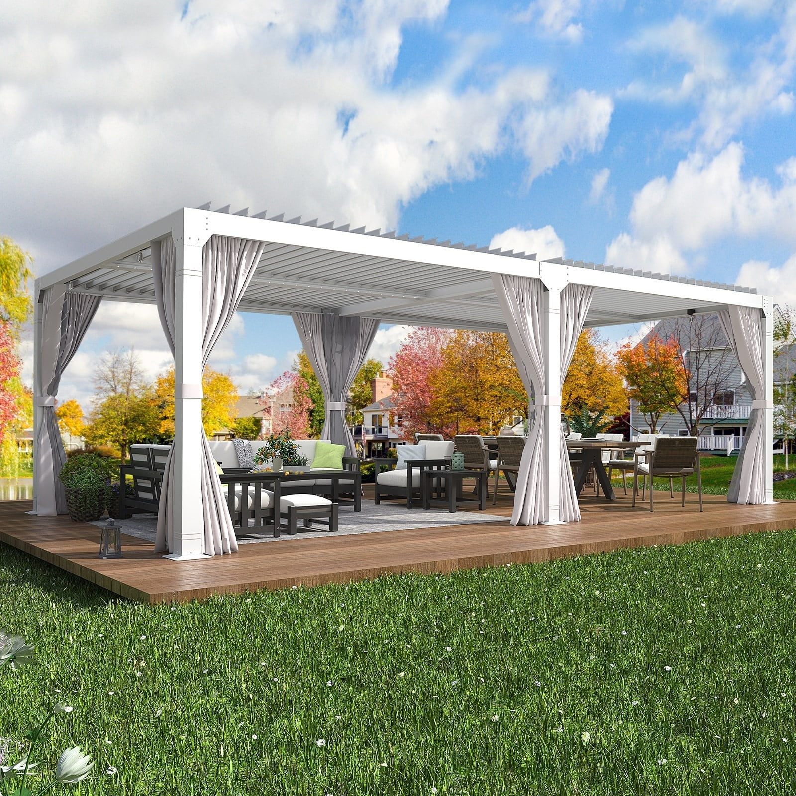 White 10' x 20' Adjustable Metal Roof Pergola with Curtains & Netting