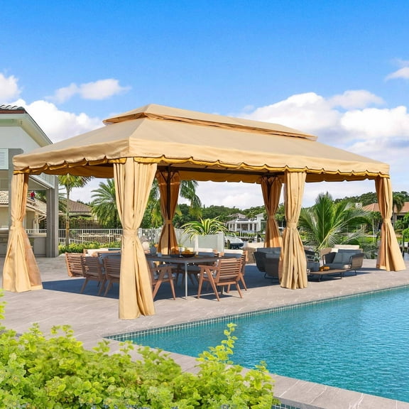 Erommy 10x20 Outdoor Screened Gazebo with Netting and Shade Curtains , Steel Double Roof Patio Gazebo for Deck,Backyard and Garden, Beige