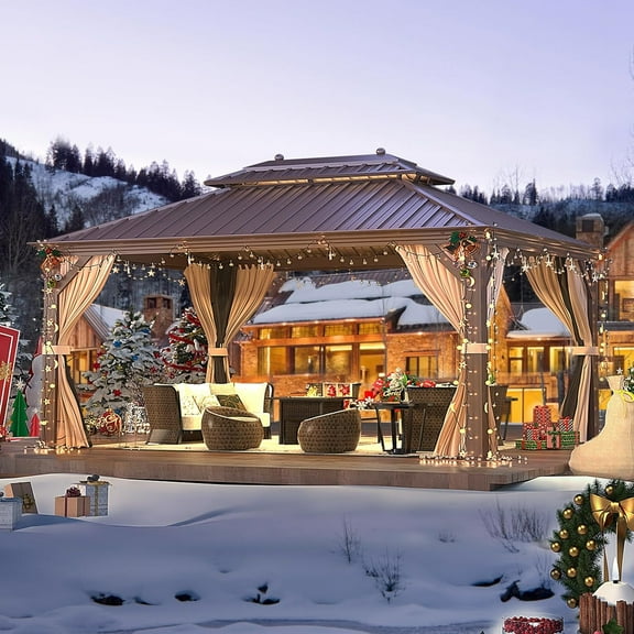 Erommy 12' X 16' Hardtop Gazebo Galvanized Steel Outdoor Gazebo Canopy Double Vented Roof Pergolas Aluminum Frame with Netting and Curtains for Garden,Patio,Lawns,Parties