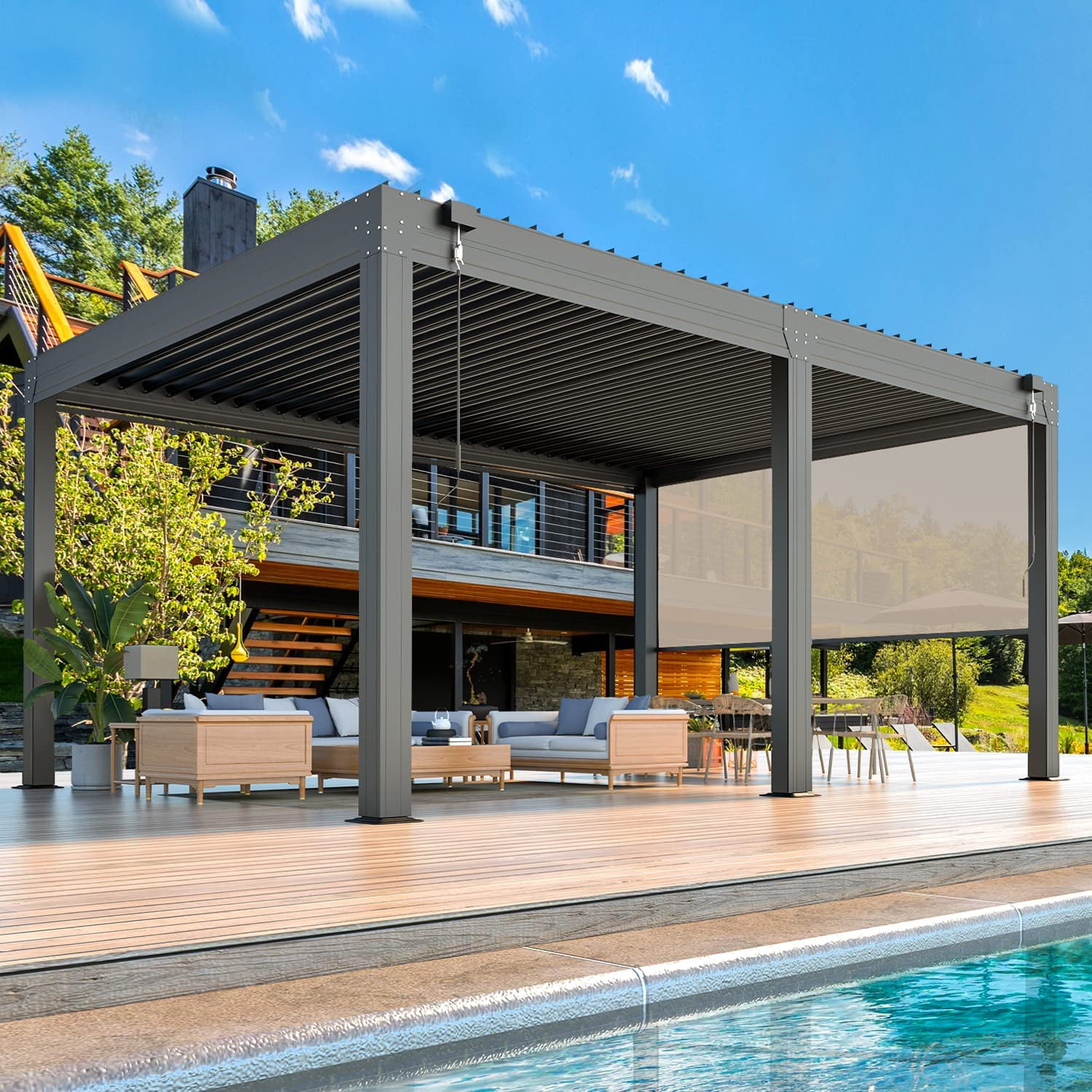 Erommy 1216 FT Aluminum Louvered Pergola with 6Panel PullDown Privacy