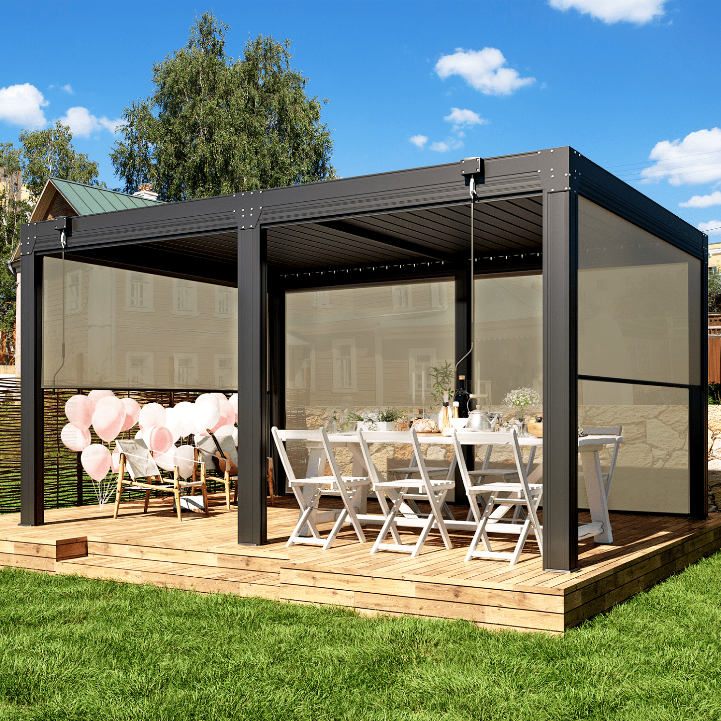 Erommy 12X16 FT Aluminum Louvered Pergola with 6Panel PullDown