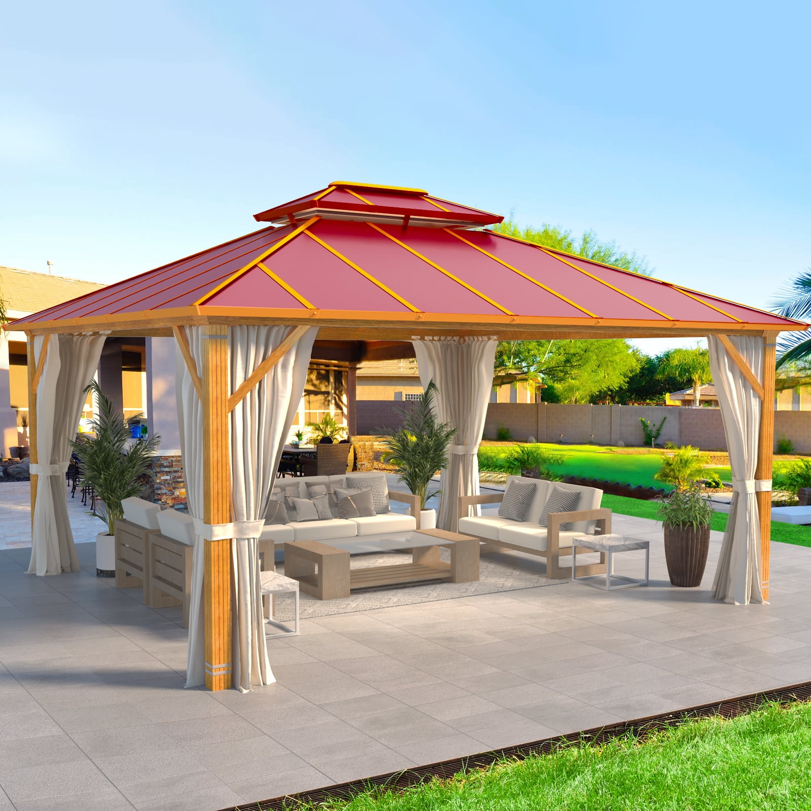 Erommy 12x14ft Hardtop Gazebo, Wooden Finish Coated Aluminum Frame