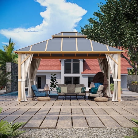 Erommy 12x14ft Hardtop Gazebo, Wooden Finish Coated Aluminum Frame Gazebo with Double Aluminum Composite Roof for Patio