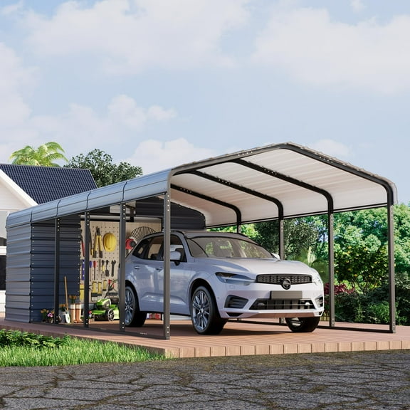 Erommy 12x25 FT Meatl Carport Garage 2-in-1, Heavy Duty Carport with Galvanized Metal Frame, Base-Reinforced Enclosed Storage Shelter for Trucks, Cars & All Vehicles, Gray