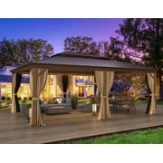 Erommy 14' x 20' Hardtop Gazebo, Wooden Finish Coated Aluminum Frame Canopy with Double Galvanized Steel Roof, Outdoor Permanent Metal Pavilion with Curtains and Nettings for Patio, Backyard and Deck