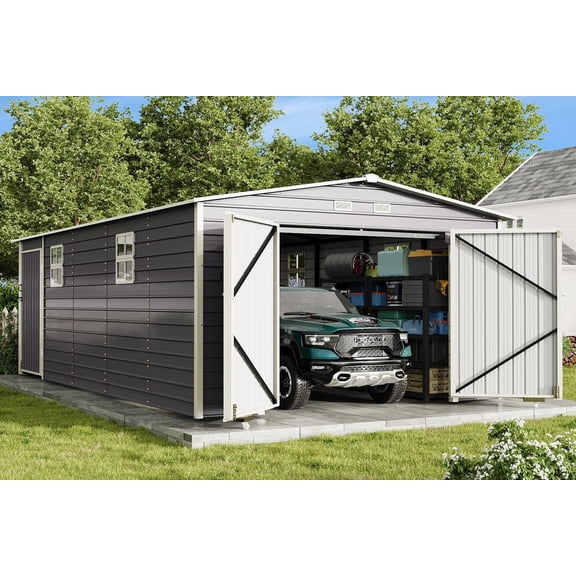 Erommy 14x24 FT Outdoor Metal Garage Shed, Large Heavy Duty Carport with Galvanized Steel Frame and 2 Double Hinged Doors and 4 Windows for Cars & Trucks, Grey