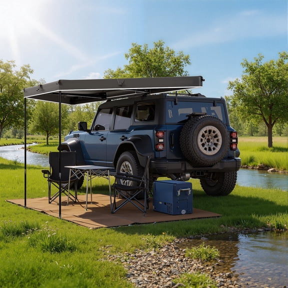 Erommy 180 Degree Awning with Built-in LED Lights and Reflective Strips, Car Driver Passenger Side, Waterproof and Wind-Resistant for SUV Van Camper Truck