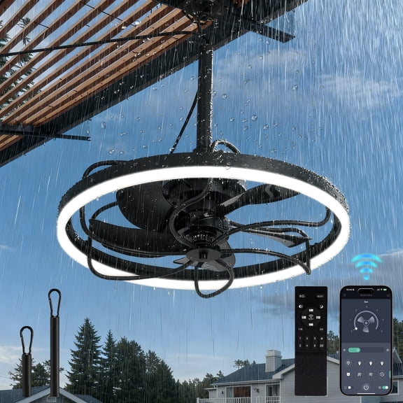 Erommy 20" Outdoor Ceiling Fan with Light and Remote Control,Waterproof Gazebo Fan,6 Speeds,3CcT Dimmable LED for Gazebo,Patio,Porch,Pergola,Black
