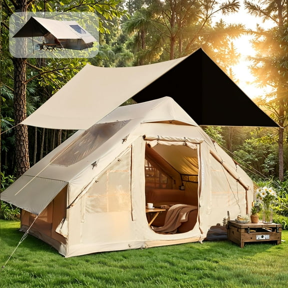 Erommy 3-4 Person Inflatable Tents for Camping with Large Rainproof Cover, Blow-Up Tent with Hand Pump, Easy Setup Tent House, Air Tent for Camping Adult,Beige