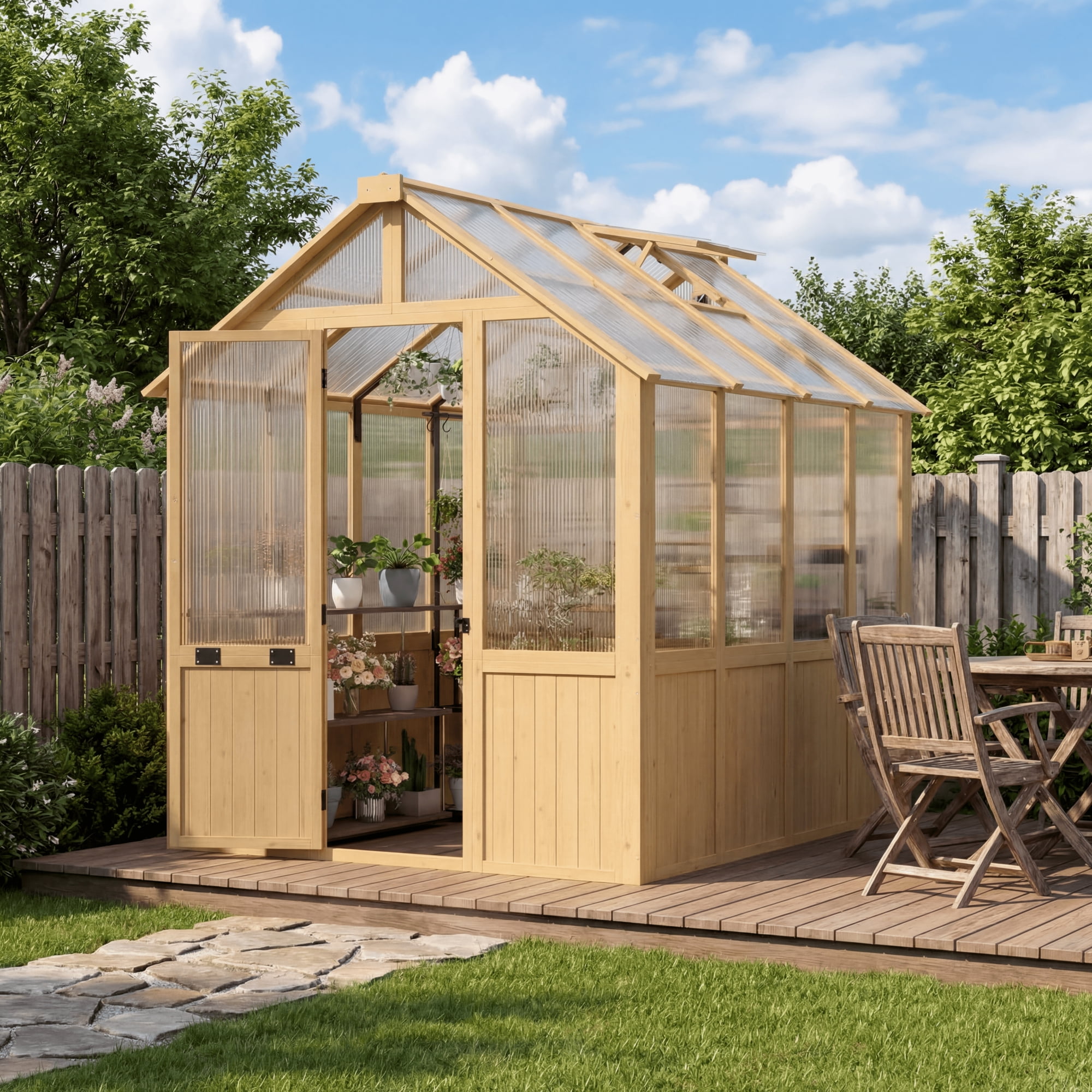 Erommy 6'x8' Outdoor Wooden Greenhouse, Walk-in Green House with Thickend PC Panel, Adjustable Windows, 12/16 Plant Hooks and Lockable Door for Garden,Backyard