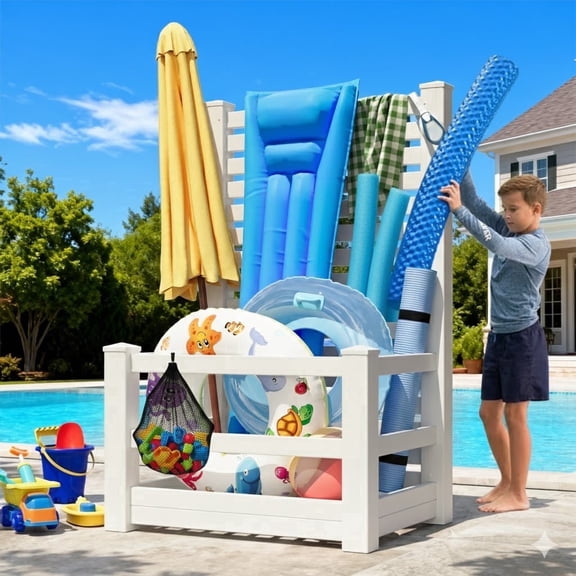 Erommy 71" H Poolside Storage Organizer with Privacy Screen, 48" W x 36" D Outdoor Pool Float Storage for Pool Toys & Pool Floats,White