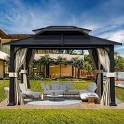 Erommy Anti-Rust Coating Iron Hardtop Sun Shade Shelter Outdoor Canopy & Pergolas w/Curtains and Netting Black 12' x 14'
