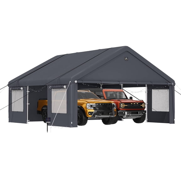 Erommy Carport 20x20, Outdoor Garage 2 Carport with Side-Opening Doors,All Weather Shelter Shed with Reinforced Steel Poles for 2 Cars,Gray