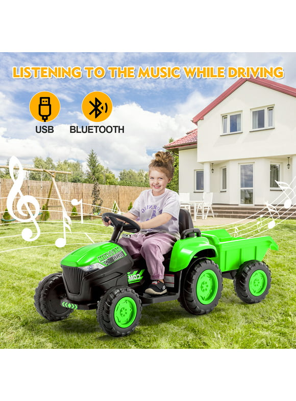 Erommy Kids Ride on Tractor with Remote Control, 12V Battery Powered Electric Tractor with 30W Dual Motors/Cool Lights/Bluetooth Music for Kids, Green