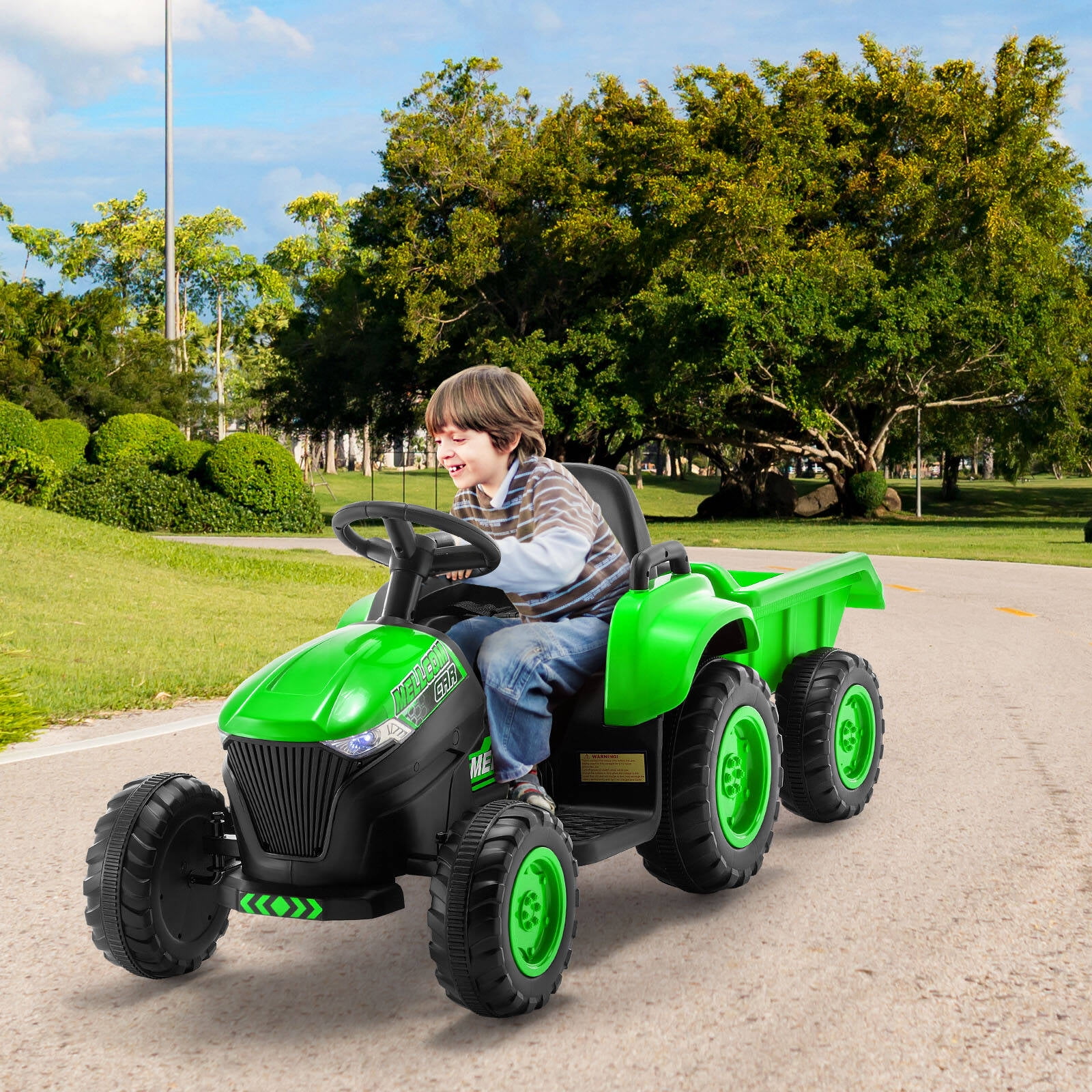Green 12V Kids Ride-On Tractor with Remote Control and Trailer