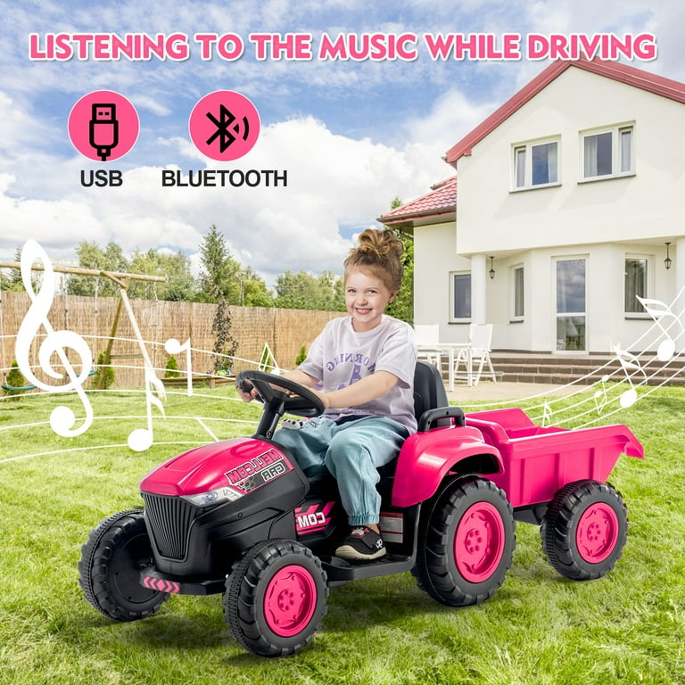 Erommy Kids Ride on Tractor with Remote Control 12V Battery Powered Electric Tractor with 30W Dual Motors Cool Lights Bluetooth Music for Kids Pink Walmart