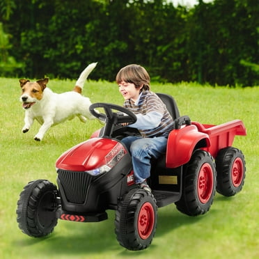 Erommy Kids Ride on Tractor with Remote Control, 12V Battery Powered Electric Tractor with 30W Dual Motors/Cool Lights/Bluetooth Music for Kids, Red