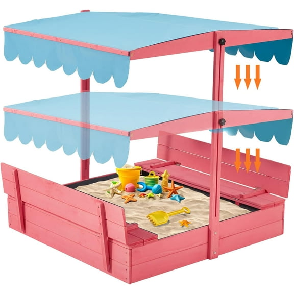 Richryce Kids Wooden Sandbox with Adjustable Canopy, 43.7" x 43.7", Pink