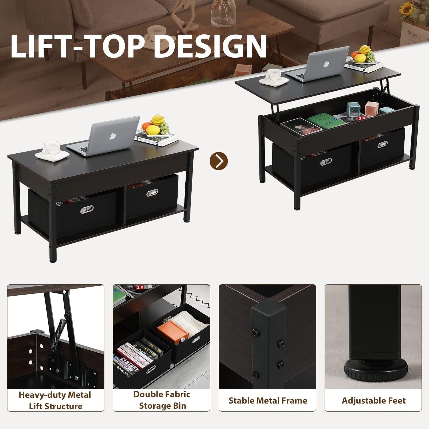 Erommy Lift Top Coffee Table, 41'' Coffee Table with Storage and Hidden