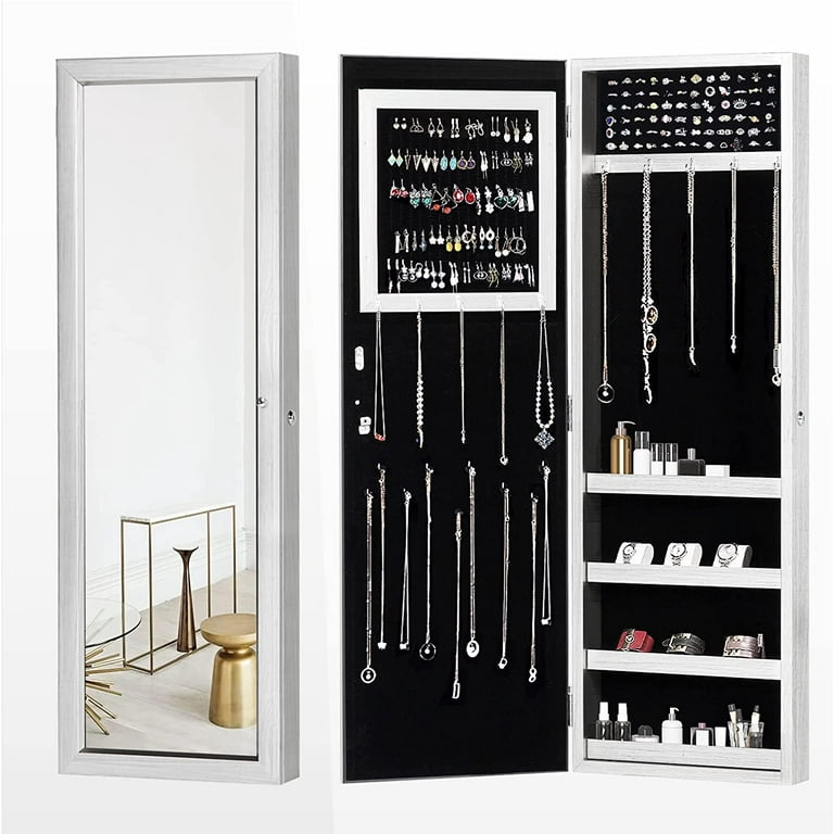 Erommy Lockable Jewelry Cabinet Armoire Wall Mounted Storage Organizer with Full Length Mirror White