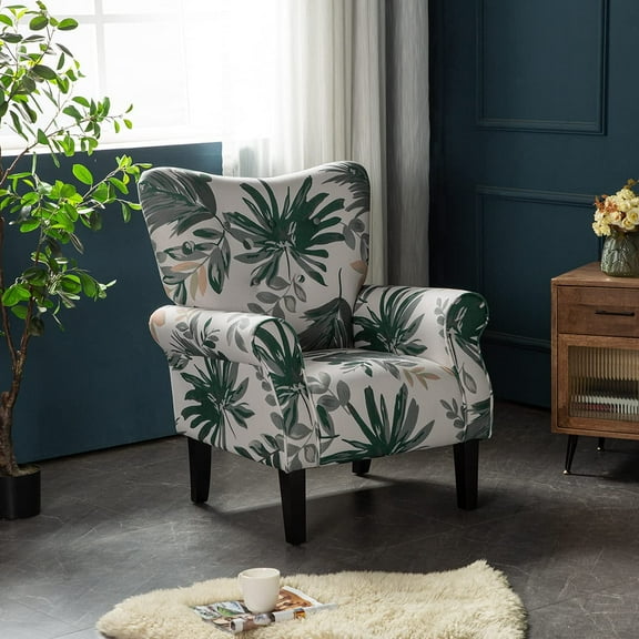 Erommy Mid Century High Back Accent Chair, Modern Upholstered Fabric Wingback Arm Chair for Living Room, Bedroom, Green Leaves