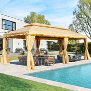 Erommy Outdoor Canopy Gazebo Double Roof Patio Gazebo with Soft Top, includes Curtains Beige 10' x 20'