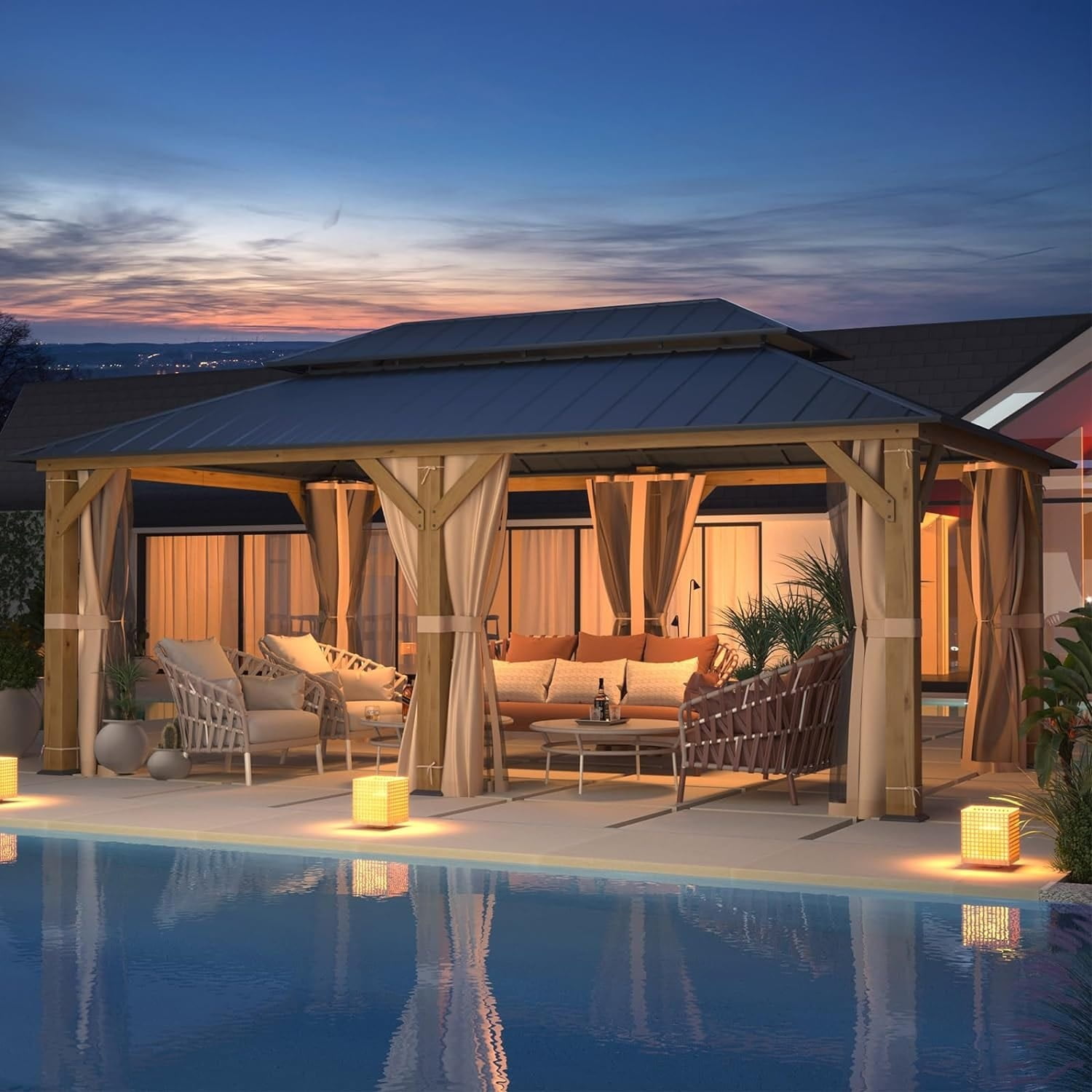 Cedar and Metal Hardtop Outdoor Gazebo with Curtains, 12' x 20'