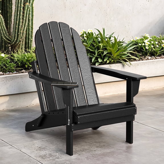 Erommy Outdoor Folding Adirondack Chair ,Weather Resistant HDPE Fire Pit Chairs with Wooden Textured for Patio Garden,Backyard,Pool-Black