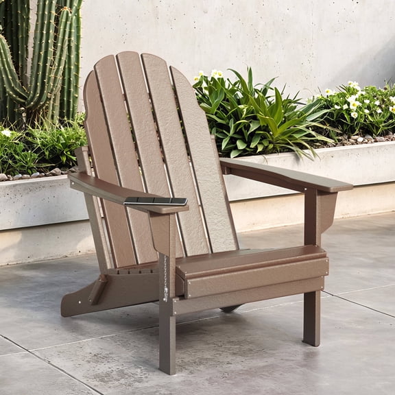 Erommy Outdoor Folding Adirondack Chair ,Weather Resistant HDPE Fire Pit Chairs with Wooden Textured for Patio Garden,Backyard,Pool-Teak