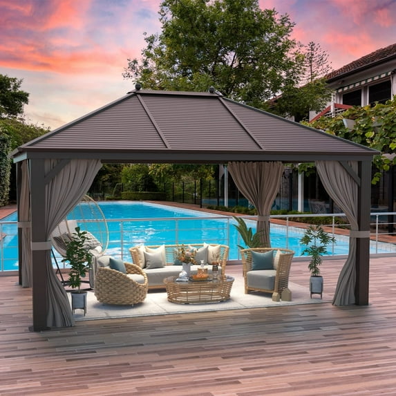 Erommy Outdoor Pro Series Galvanized Steel Hardtop Patio Gazebo Pergola w/Aluminum Frame, Prime Curtains and nettings include Single Roof 10' x 13'