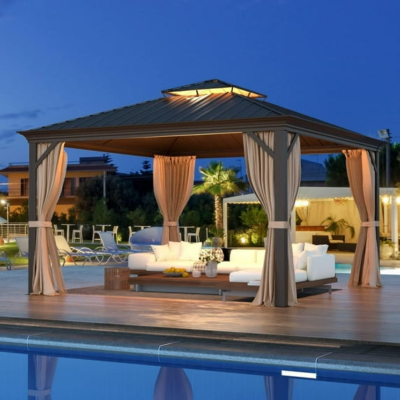 Erommy Outdoor Galvanized Steel Roof Gazebo Pergola w/ Aluminum Frame & Vertical Rain Cutter 12'x12' - Metallic Roof