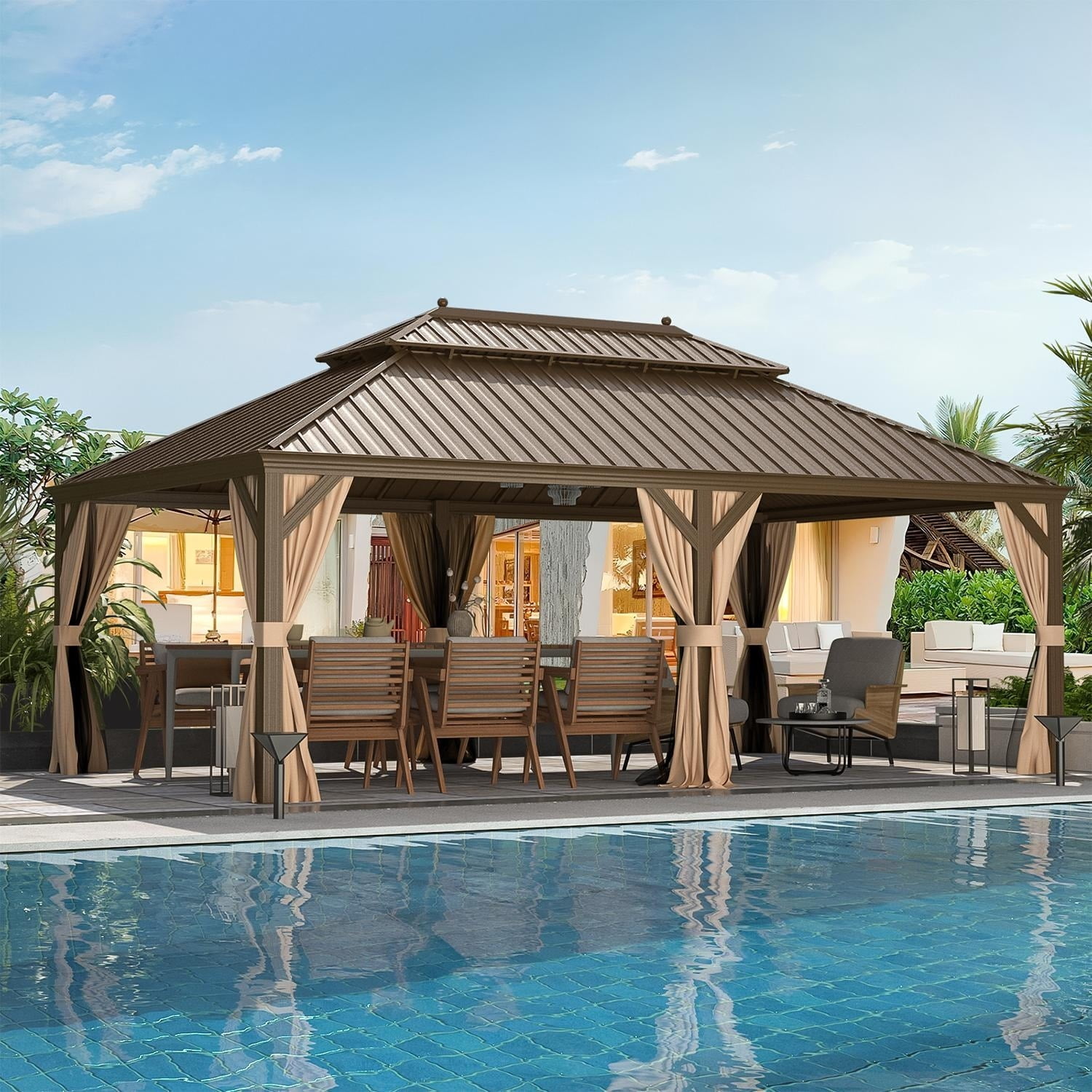 Large Brown Aluminum Frame Outdoor Gazebo with Steel Roof