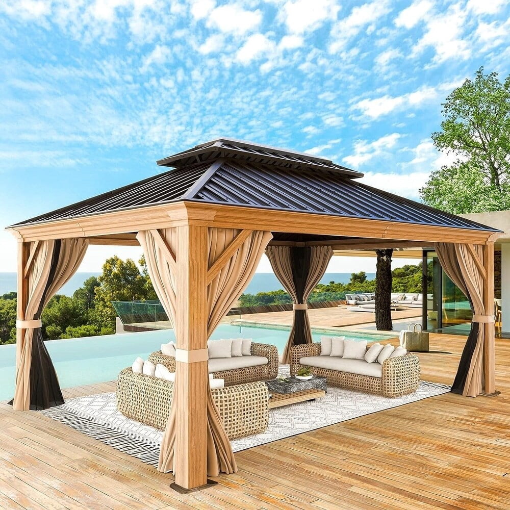 Erommy Outdoor Galvanized Steel Roof Gazebo Pergola w Wooden Coated ...