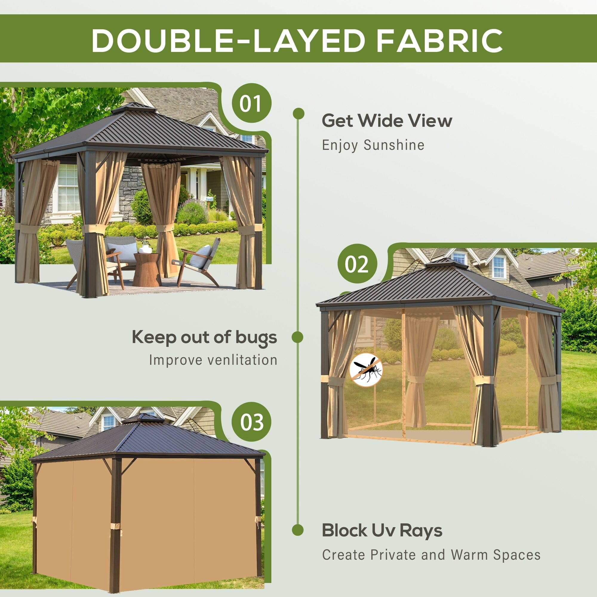 Erommy Outdoor Hardtop Gazebo with Galvanized Steel Double Roof ...