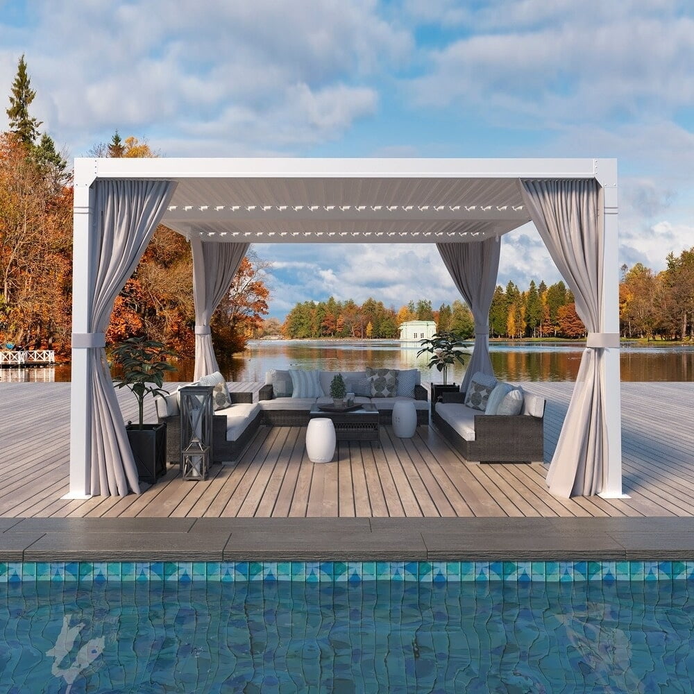 White Aluminum Pergola with Adjustable Roof and Curtains