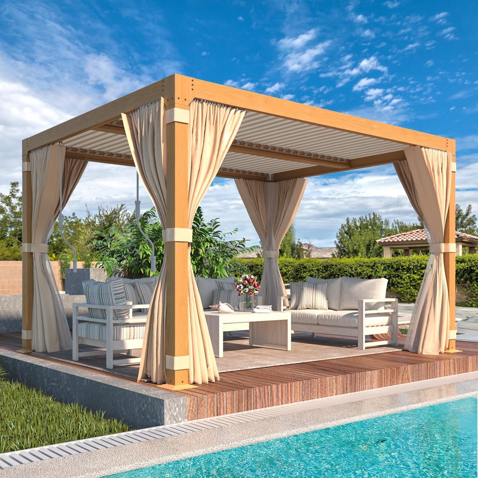 Erommy 10' x 12' Wood Grain Aluminum Pergola with Adjustable Roof