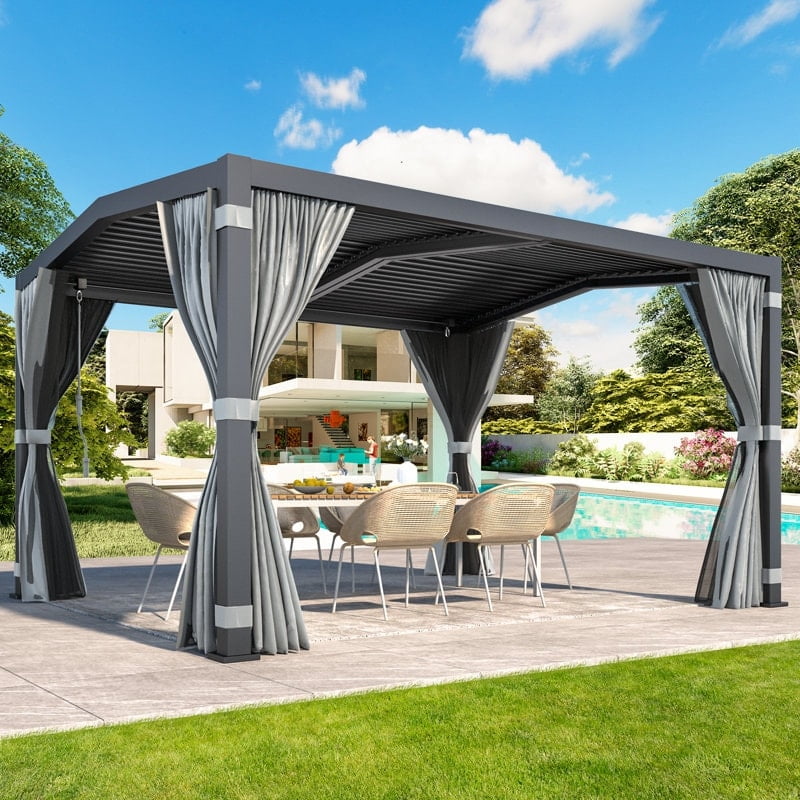Grey Aluminum Outdoor Pergola with Adjustable Roof and Curtains