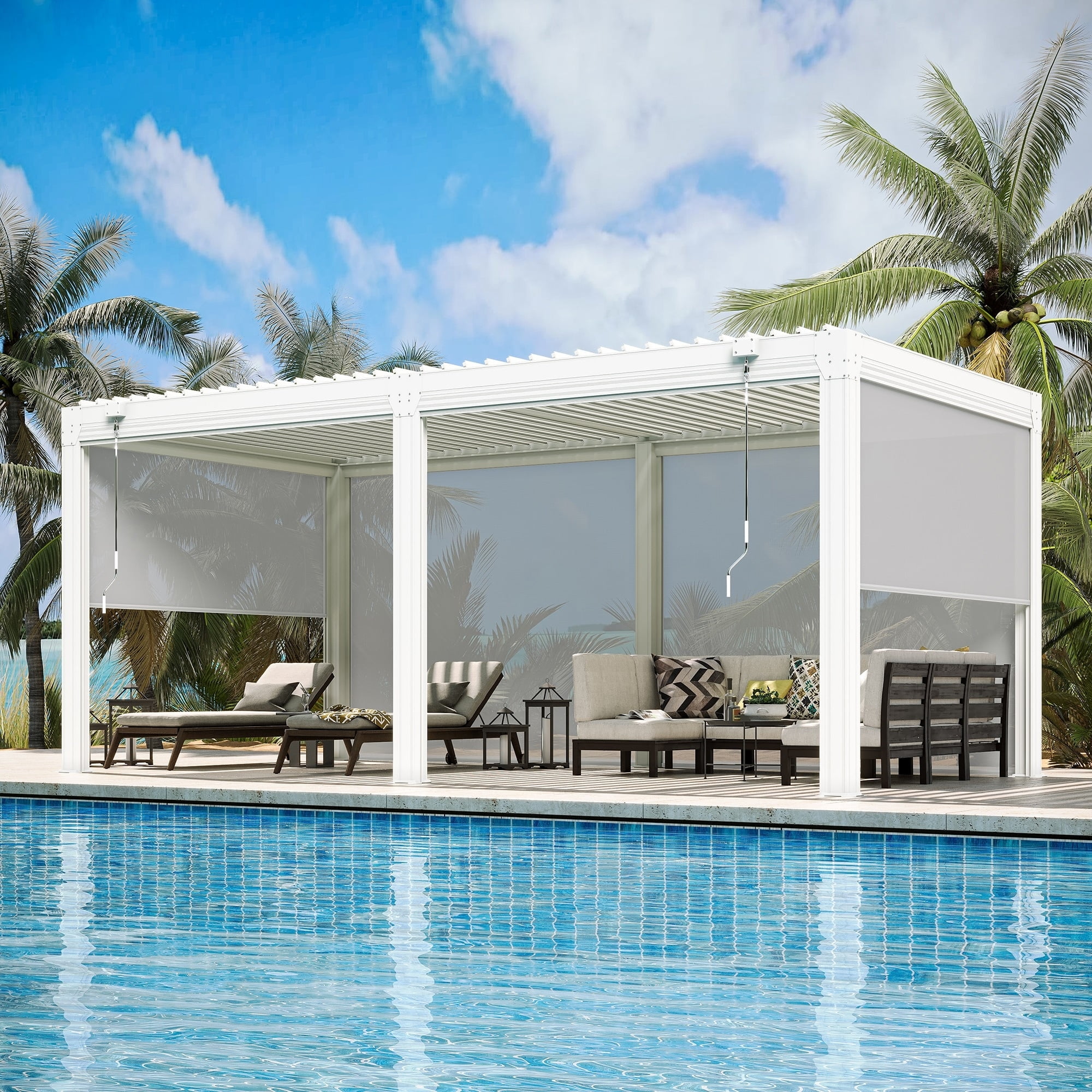 Erommy  Outdoor Louvered Pergola Gazebo with Adjustable Aluminum Rainproof Roof and Pull-Down Screen 10' x 20' - White