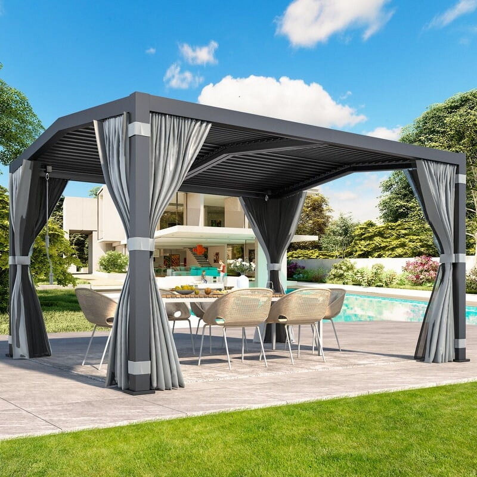 Grey Aluminum Outdoor Pergola with Adjustable Roof and Curtains