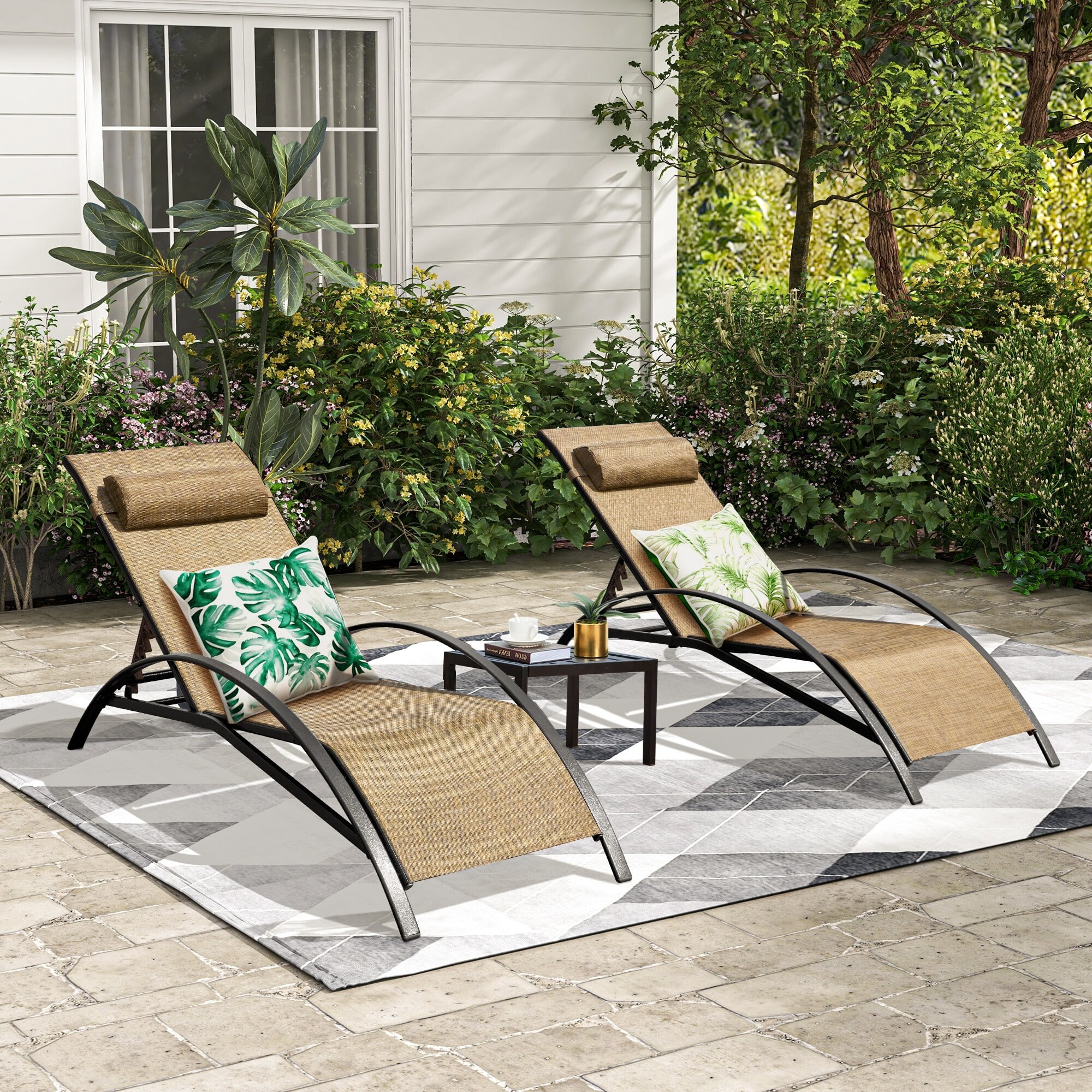 Erommy Outdoor Patio Lounge Chair Adjustable Recliner Outdoor Lounge Chairs Multiple Colors Available Brown with a table