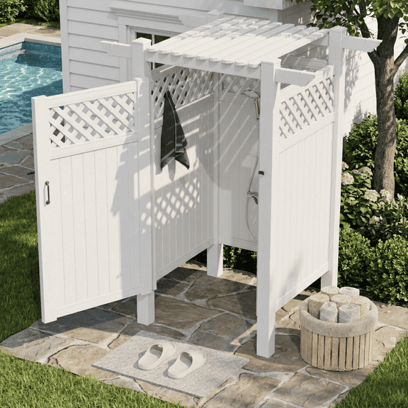Erommy Outdoor Shower Enclosure with Lockable Door, Privacy Shower Stall with Top, Hooks & Shelves for Pool Wash Station, Backyard & Beach Rinse Area Small Version，White
