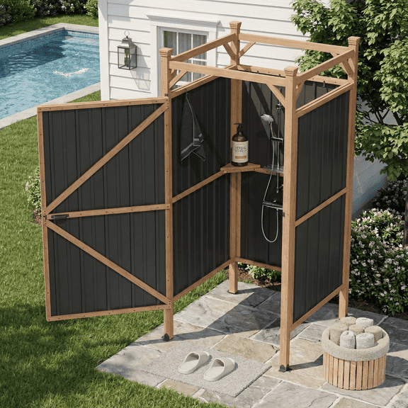 Erommy Outdoor Shower Enclosure with Lockable Door, Weatherproof Outdoor Shower Stall with Metal Panels, Hooks & Shelves - Perfect for Pool Wash Station, Backyard & Beach Rinse Area Small Version
