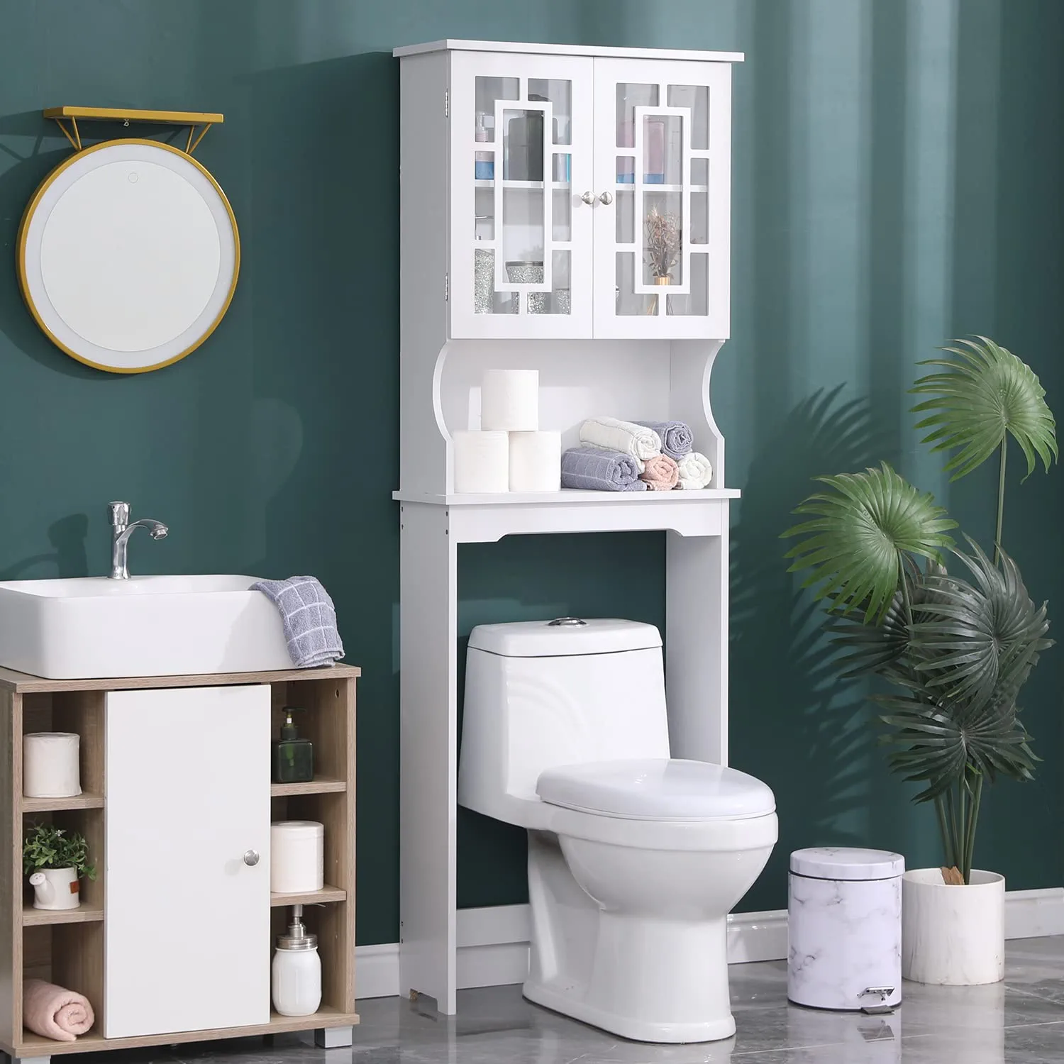 Erommy Over-The-Toilet Storage, Wooden Bathroom Organizer, with 2 Glass Doors & Adjustable Shelf for Bathroom, White