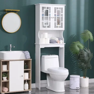 Erommy Over-The-Toilet Storage, Wooden Bathroom Organizer, with 2 Glass Doors & Adjustable Shelf for Bathroom, White