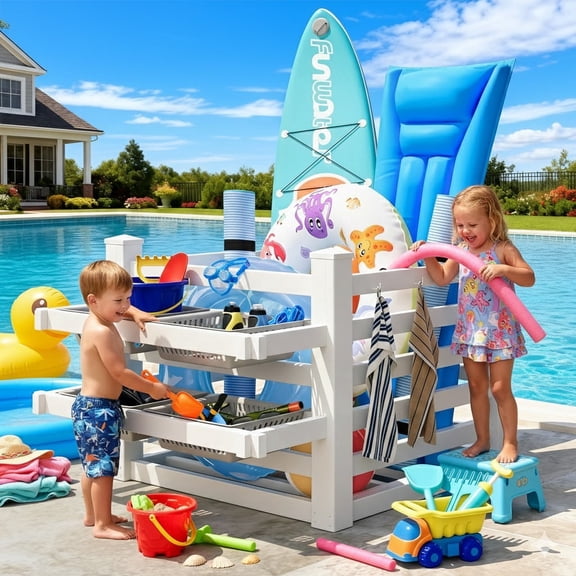 Erommy Pool Float Storage Organizer, Waterproof Outdoor Pool Room Storage for Pool Toys & Floats Storage& Pool Deck,White