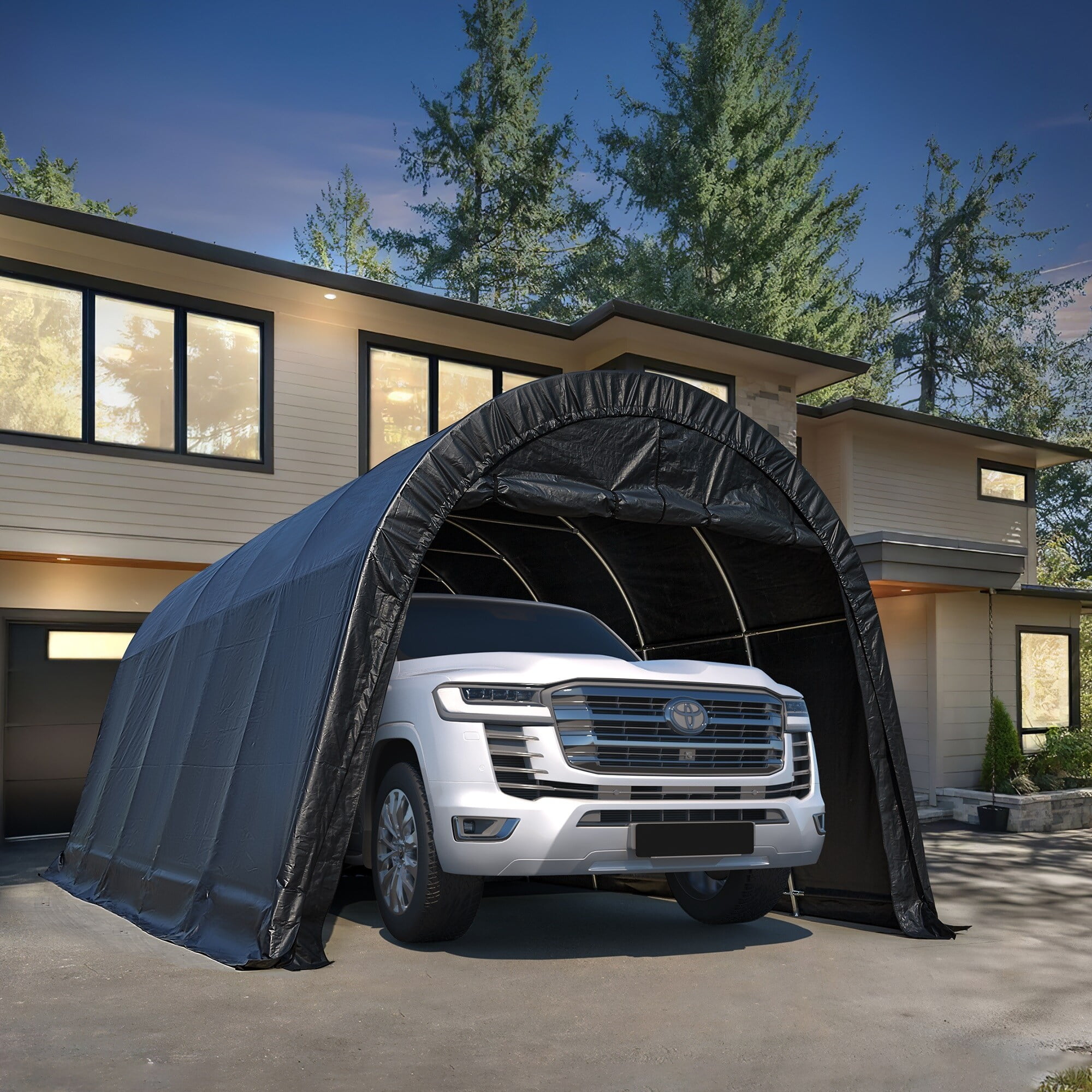Erommy Portable Garage Heavy Duty Carport with All Steel Metal Frame and Round Style Roof 13 x 20 Dark Grey Walmart